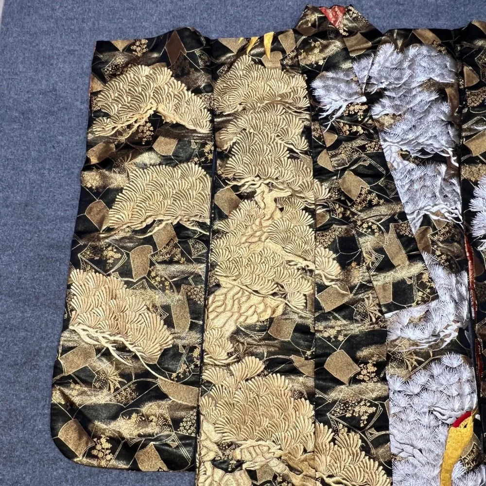 Vintage Japanese Silk Uchikake Kimono Black Gold Silver Crane Pine Embroidery